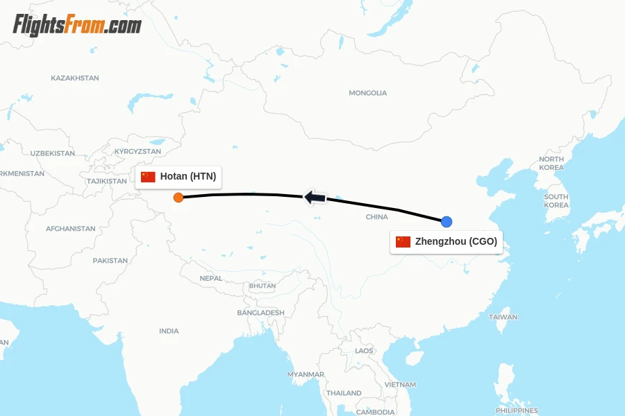 Flights from Zhengzhou to Hotan route map