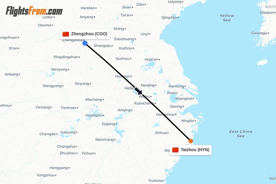 Flights from Zhengzhou to Taizhou route map
