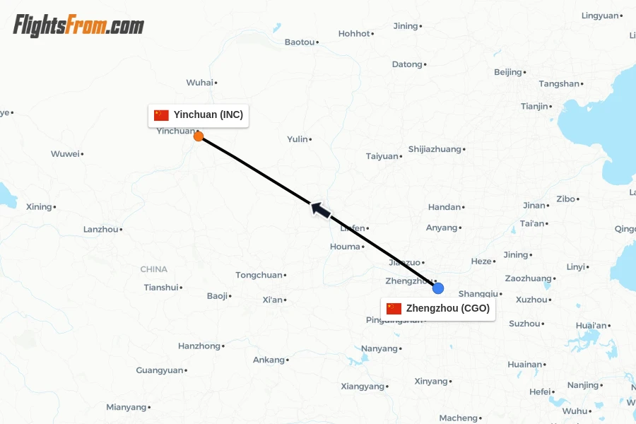 Flights from Zhengzhou to Yinchuan route map