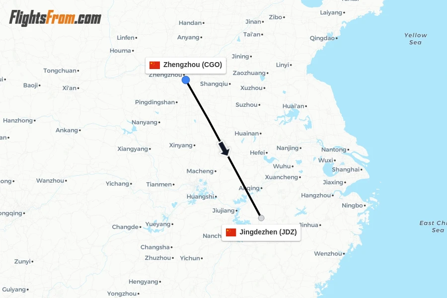Flights from Zhengzhou to Jingdezhen route map