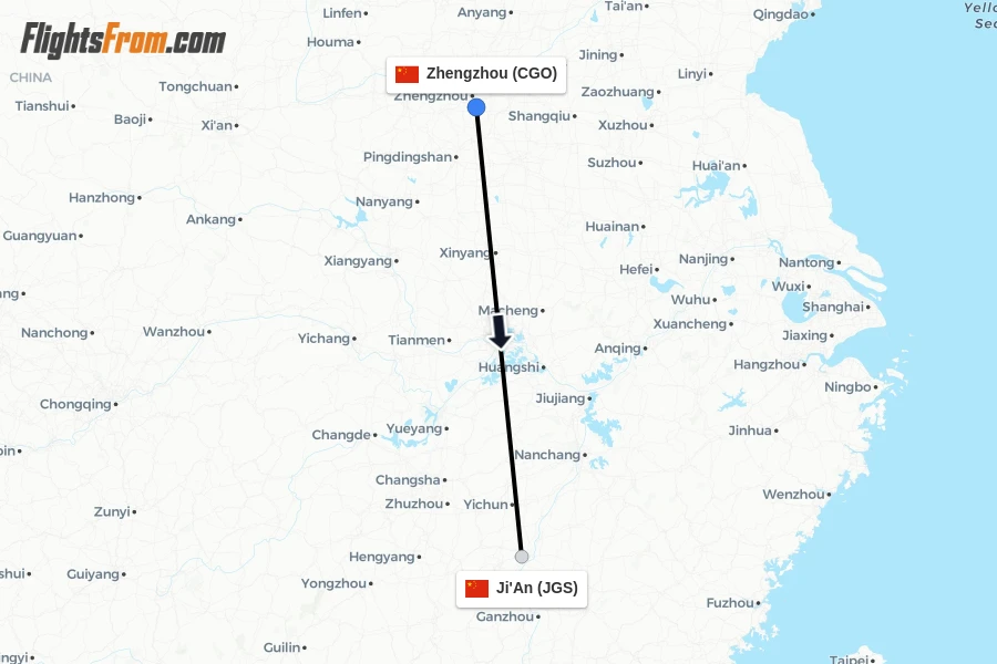 Flights from Zhengzhou to Ji'An route map