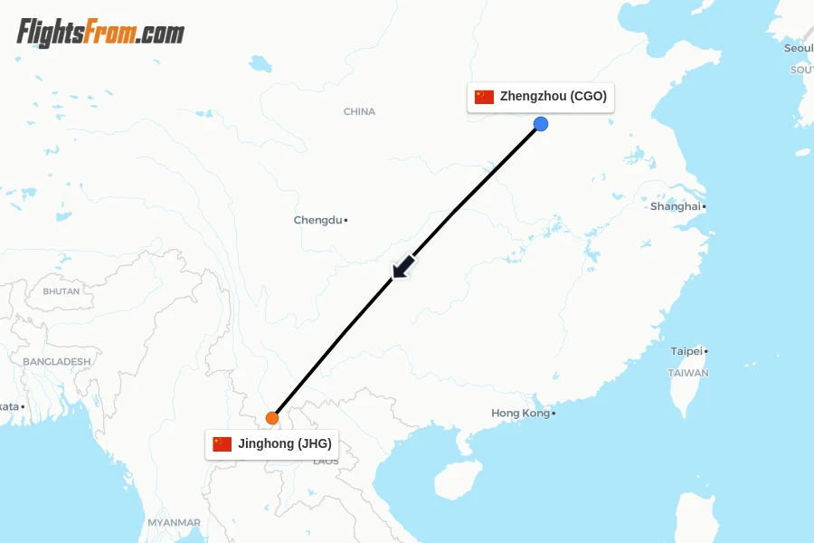 Flights from Zhengzhou to Jinghong route map