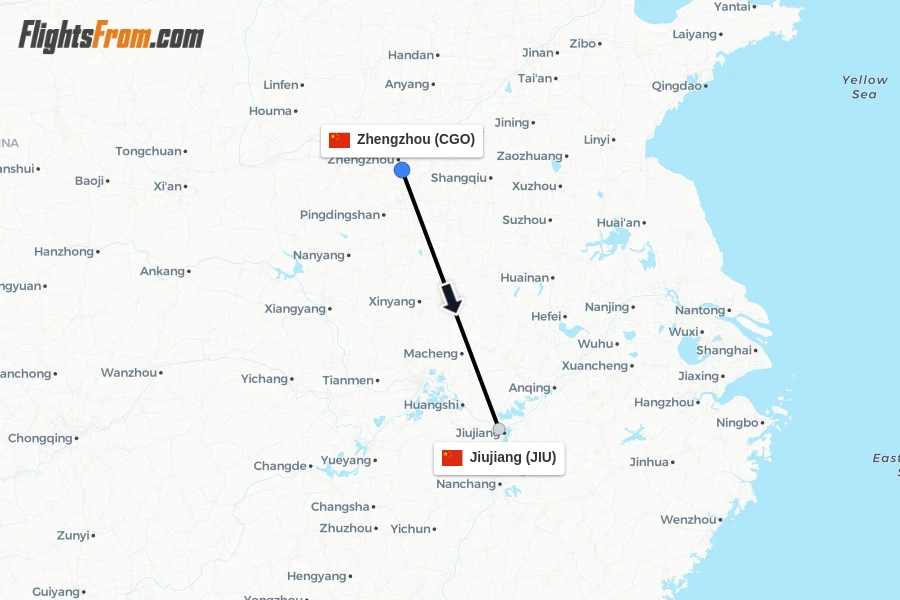 Flights from Zhengzhou to Jiujiang route map