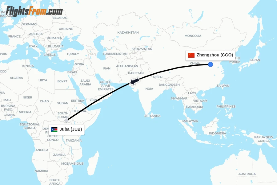 Flights from Zhengzhou to Juba route map