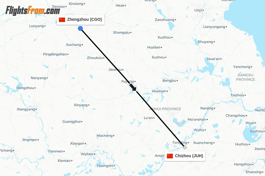 Flights from Zhengzhou to Chizhou route map