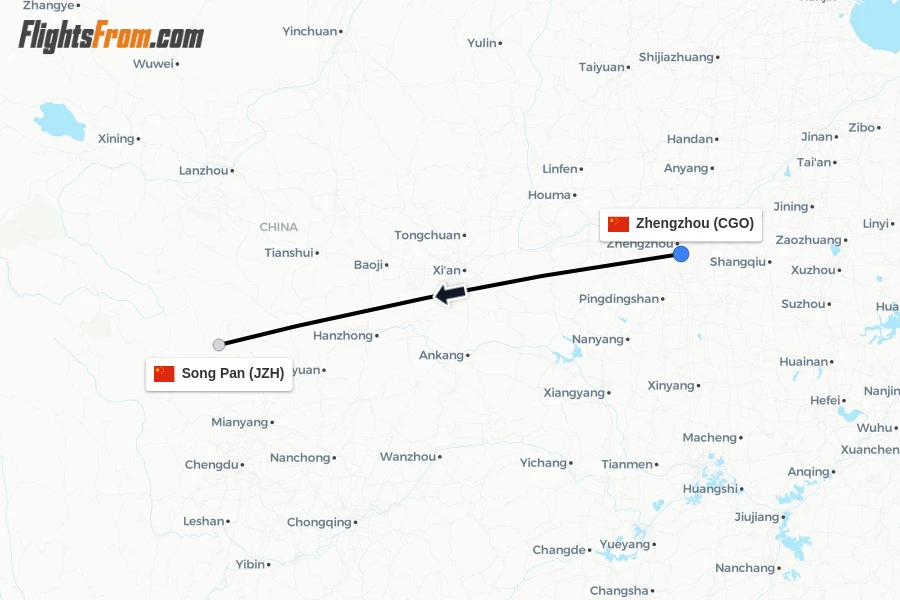 Flights from Zhengzhou to Song Pan route map