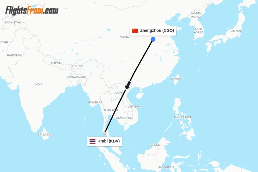Flights from Zhengzhou to Krabi route map