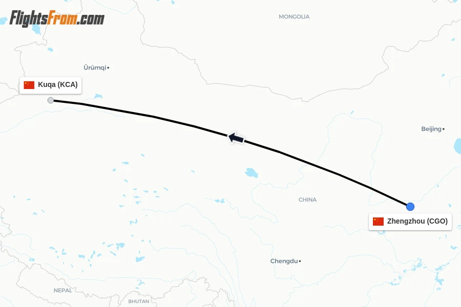 Flights from Zhengzhou to Kuqa route map