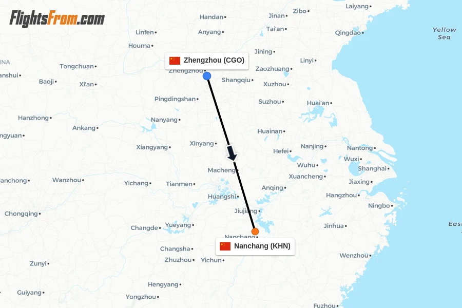 Flights from Zhengzhou to Nanchang route map