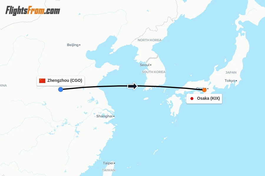 Flights from Zhengzhou to Osaka route map