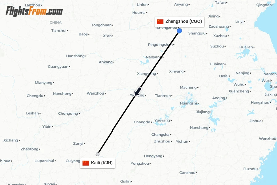 Flights from Zhengzhou to Kaili route map