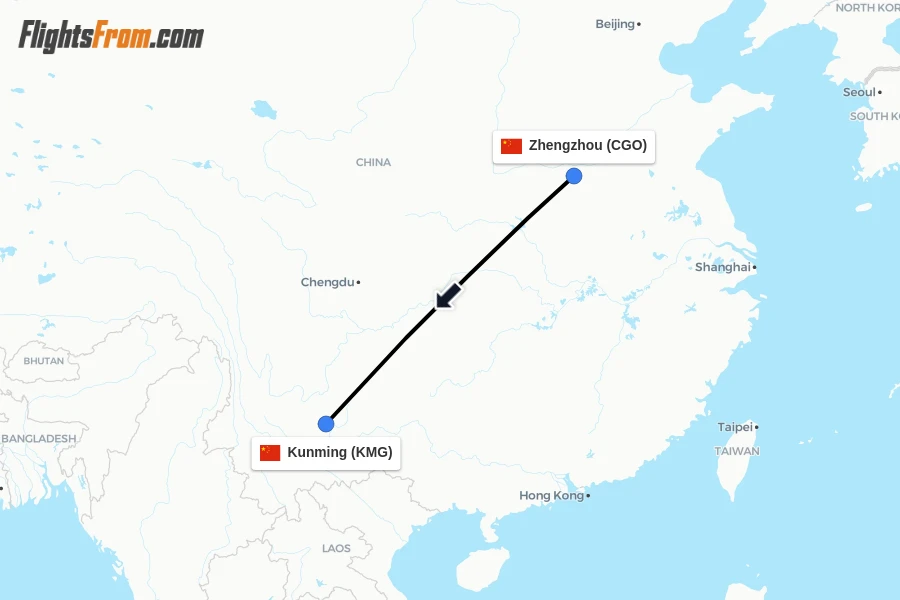 Flights from Zhengzhou to Kunming route map