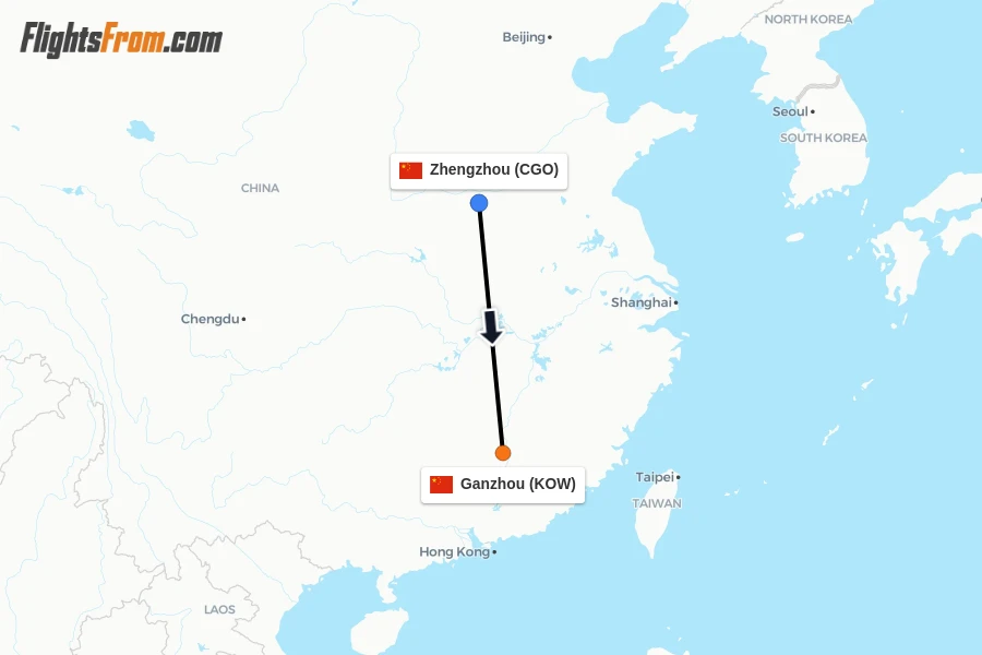 Flights from Zhengzhou to Ganzhou route map