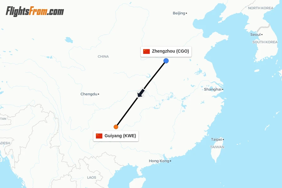 Flights from Zhengzhou to Guiyang route map