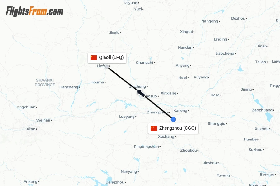 Flights from Zhengzhou to Qiaoli route map
