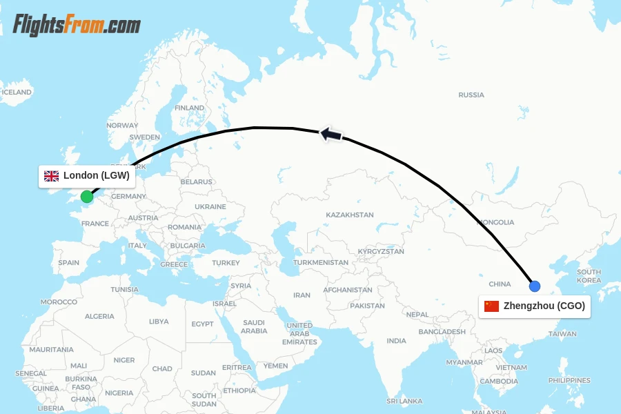 Flights from Zhengzhou to London route map