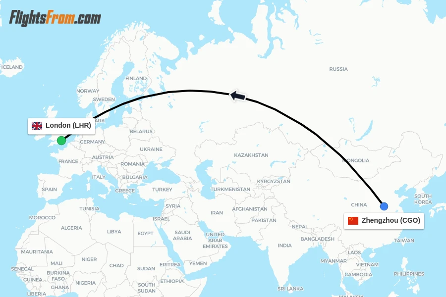 Flights from Zhengzhou to London route map