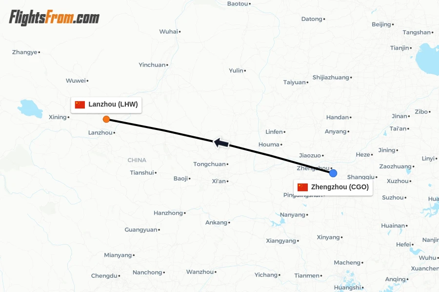 Flights from Zhengzhou to Lanzhou route map