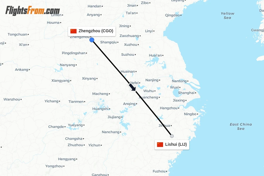 Flights from Zhengzhou to Lishui route map