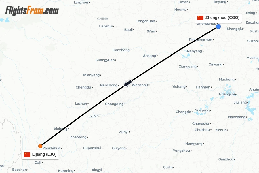 Flights from Zhengzhou to Lijiang route map
