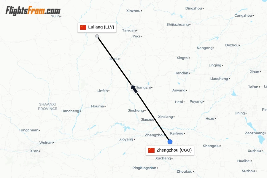 Flights from Zhengzhou to Luliang route map