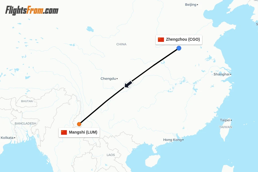 Flights from Zhengzhou to Mangshi route map