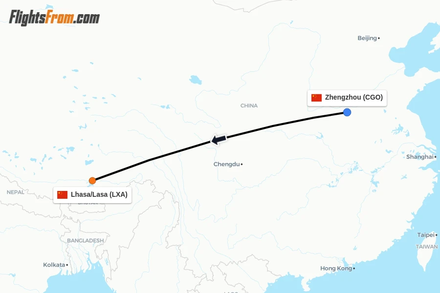 Flights from Zhengzhou to Lhasa/Lasa route map