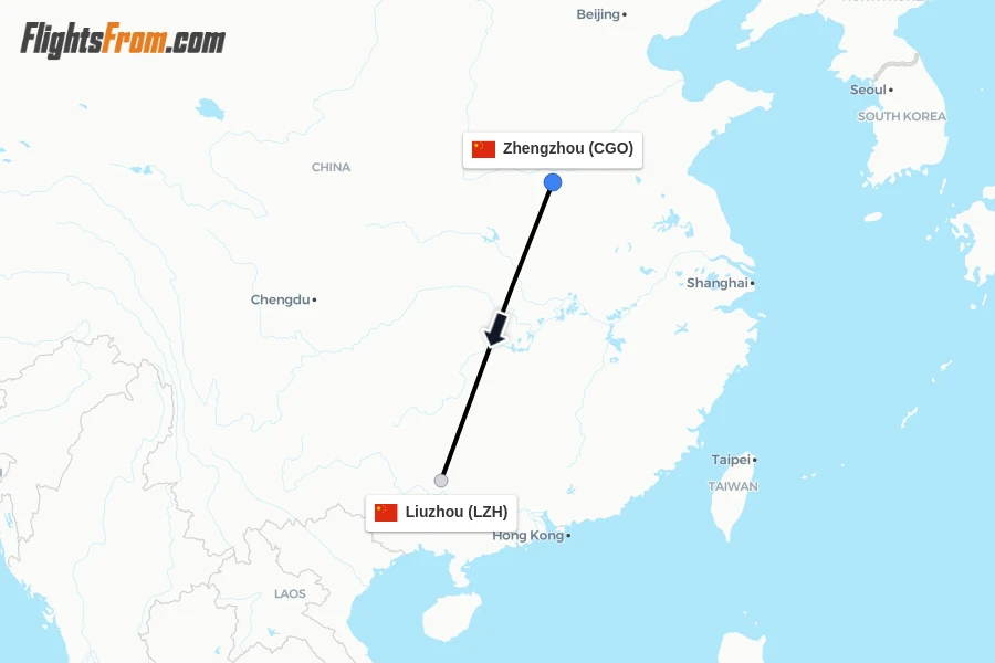 Flights from Zhengzhou to Liuzhou route map