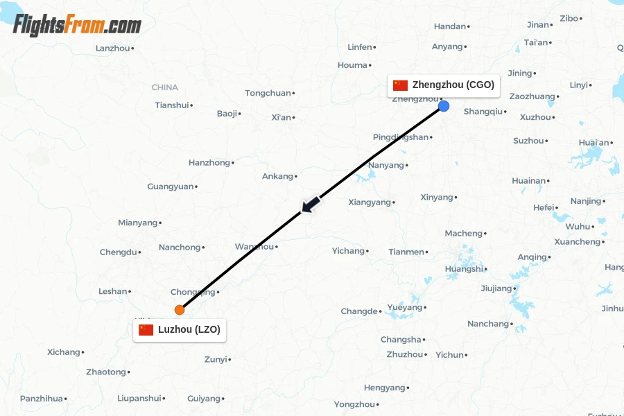 Flights from Zhengzhou to Luzhou route map