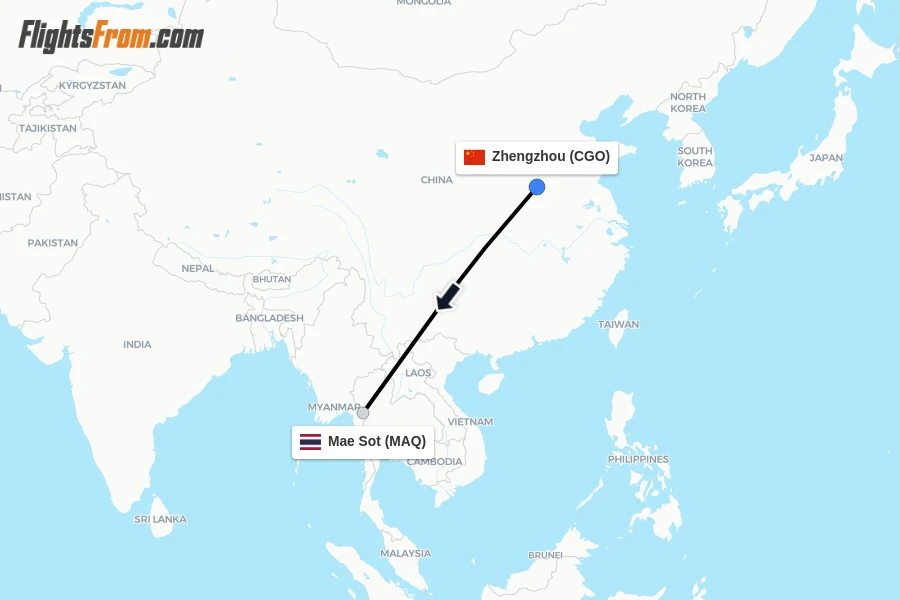 Flights from Zhengzhou to Mae Sot route map