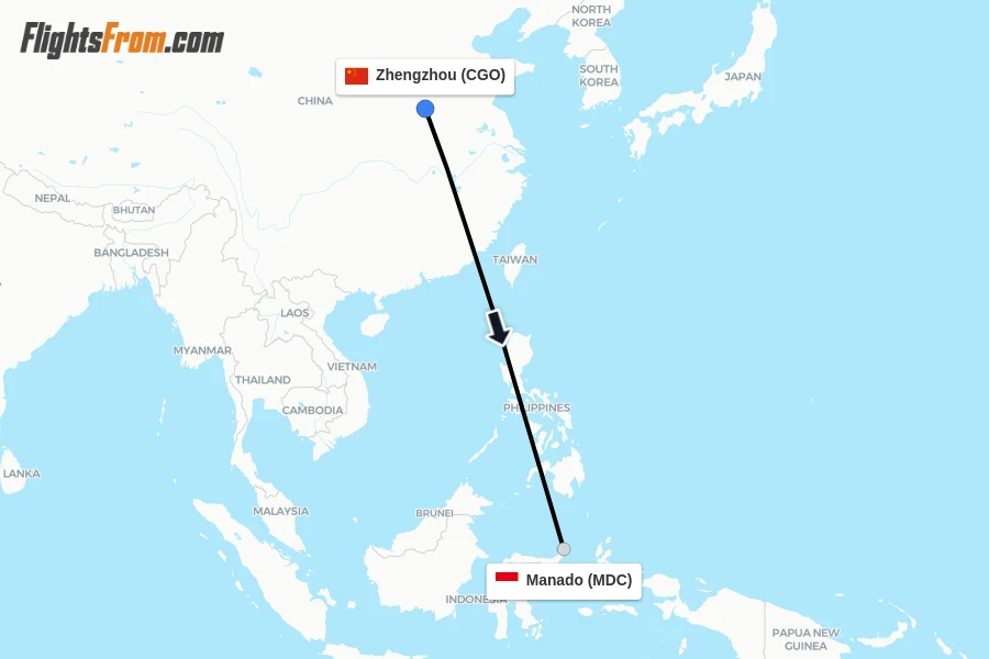 Flights from Zhengzhou to Manado route map