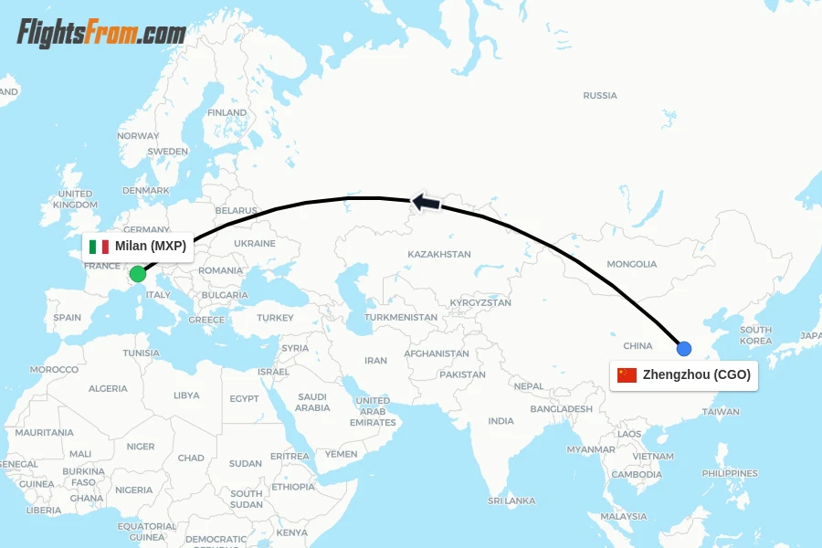 Flights from Zhengzhou to Milan route map