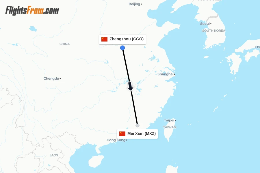 Flights from Zhengzhou to Mei Xian route map