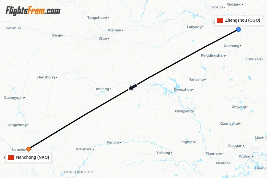 Flights from Zhengzhou to Nanchong route map