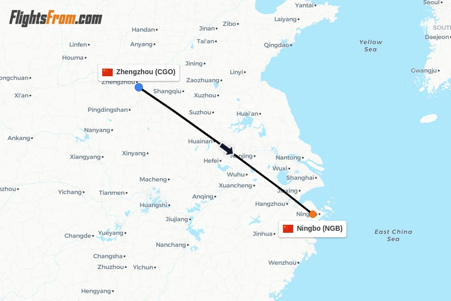 Flights from Zhengzhou to Ningbo route map