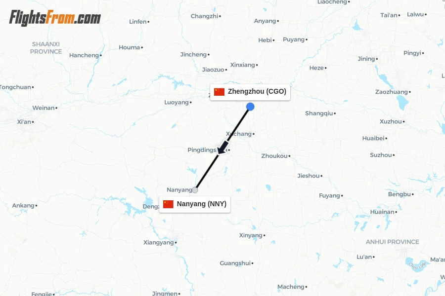 Flights from Zhengzhou to Nanyang route map