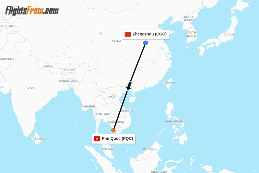 Flights from Zhengzhou to Phu Quoc route map