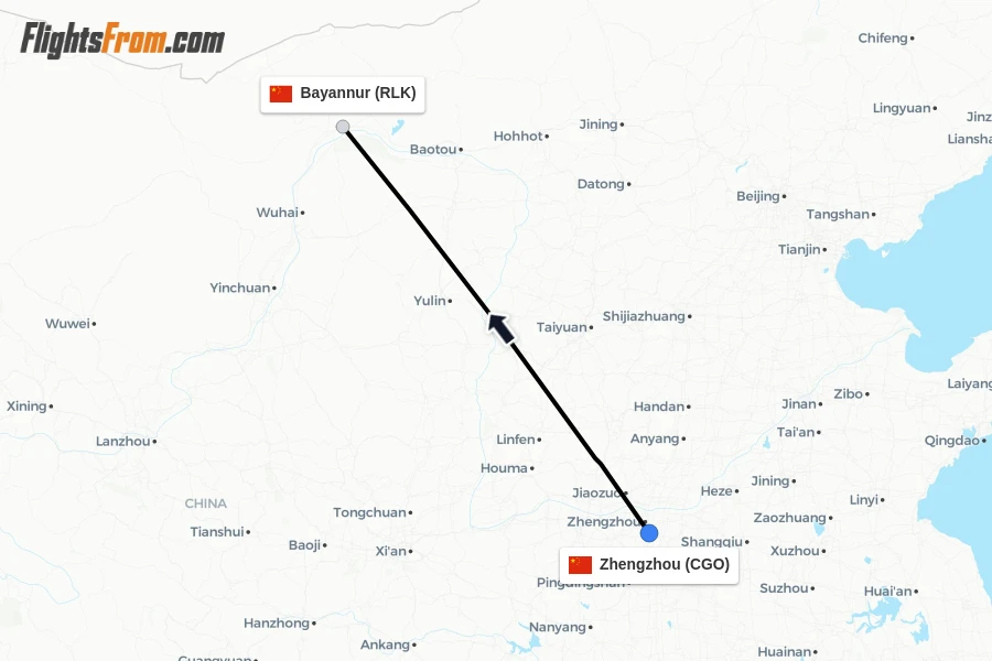 Flights from Zhengzhou to Bayannur route map