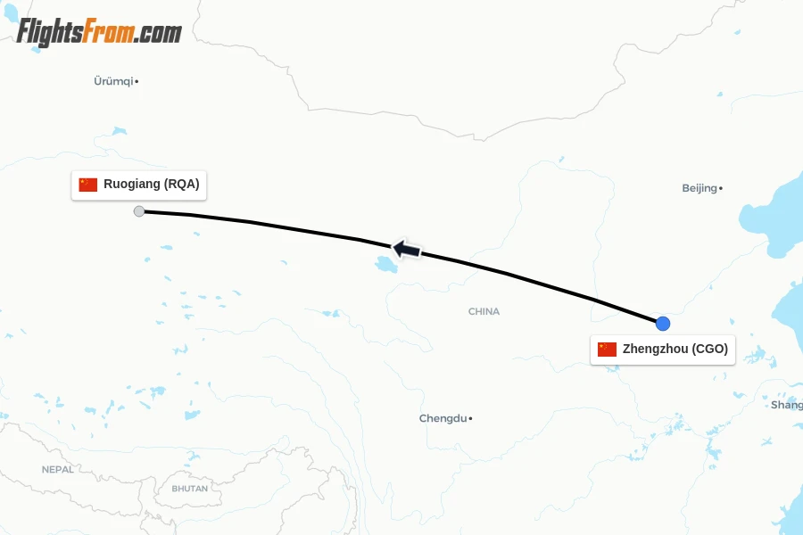 Flights from Zhengzhou to Ruogiang route map