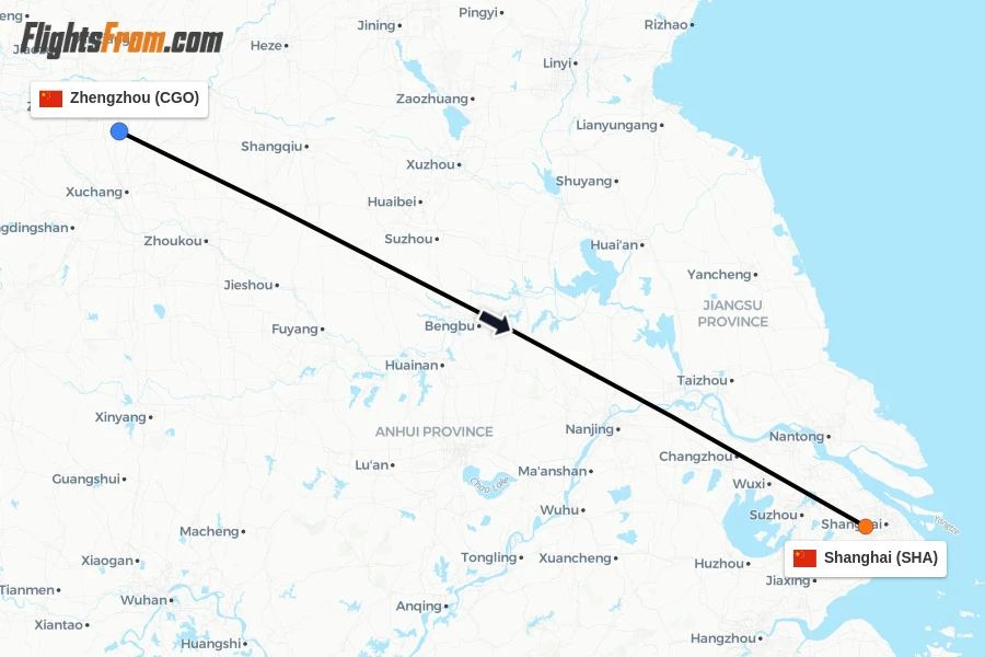 Flights from Zhengzhou to Shanghai route map