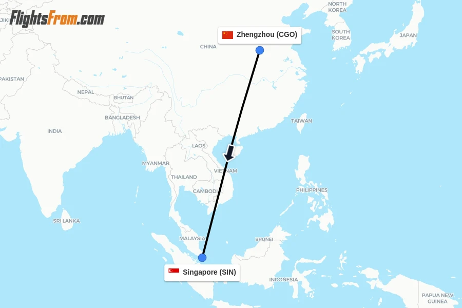 Flights from Zhengzhou to Singapore route map
