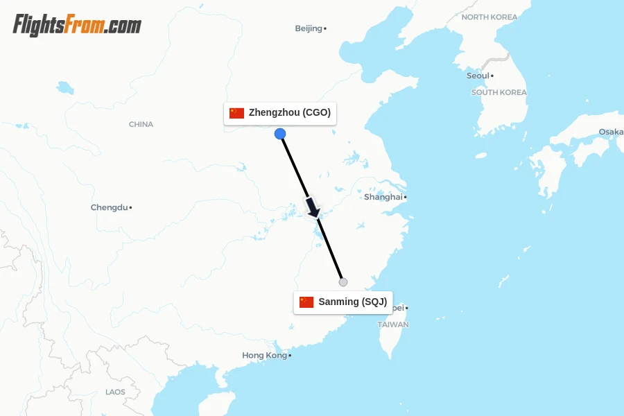Flights from Zhengzhou to Sanming route map