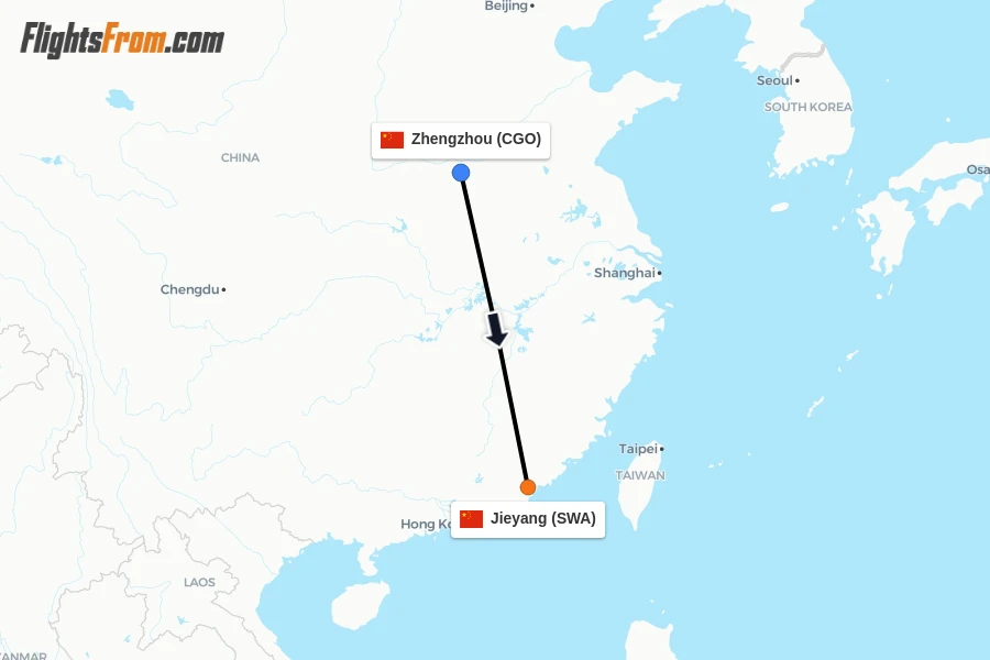 Flights from Zhengzhou to Jieyang route map