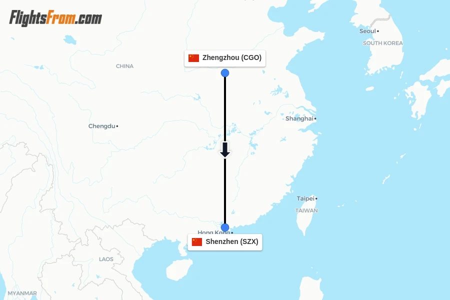 Flights from Zhengzhou to Shenzhen route map