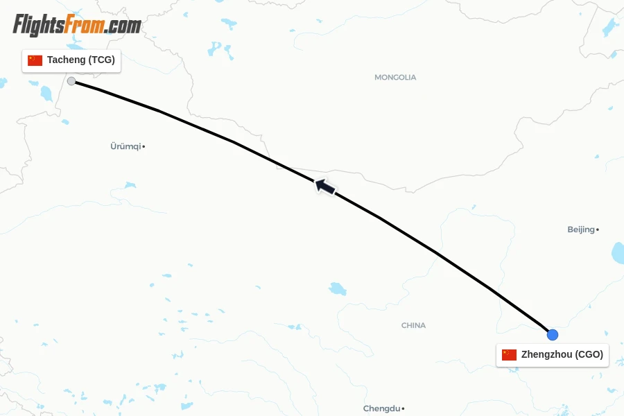 Flights from Zhengzhou to Tacheng route map