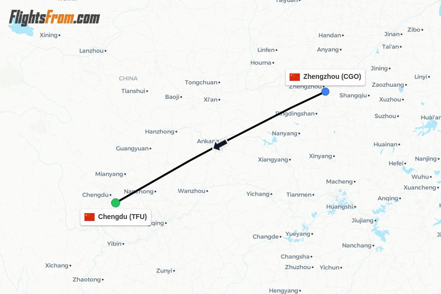 Flights from Zhengzhou to Chengdu route map