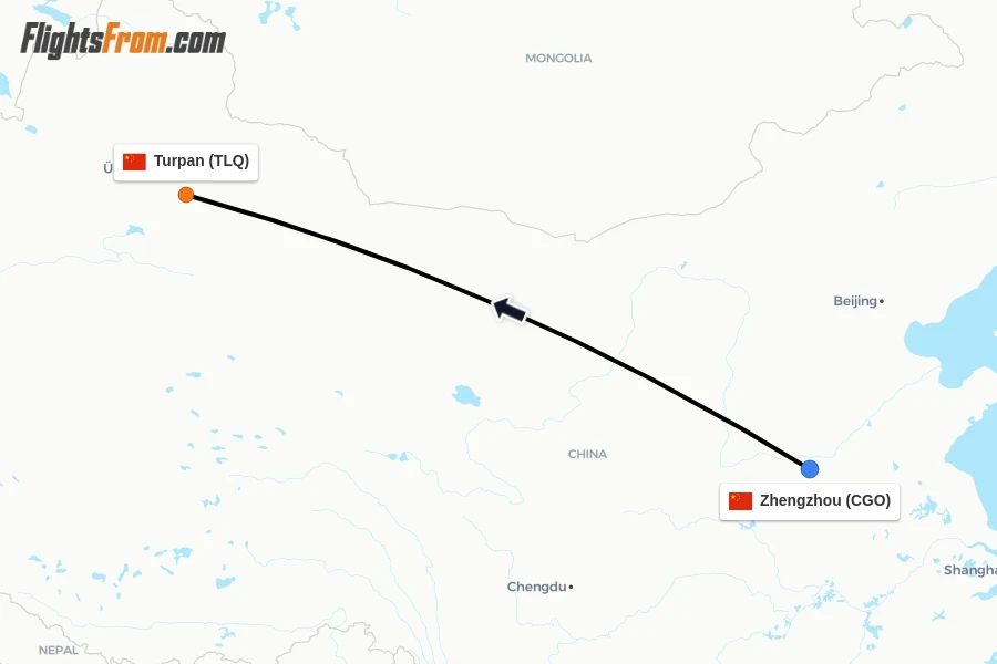 Flights from Zhengzhou to Turpan route map