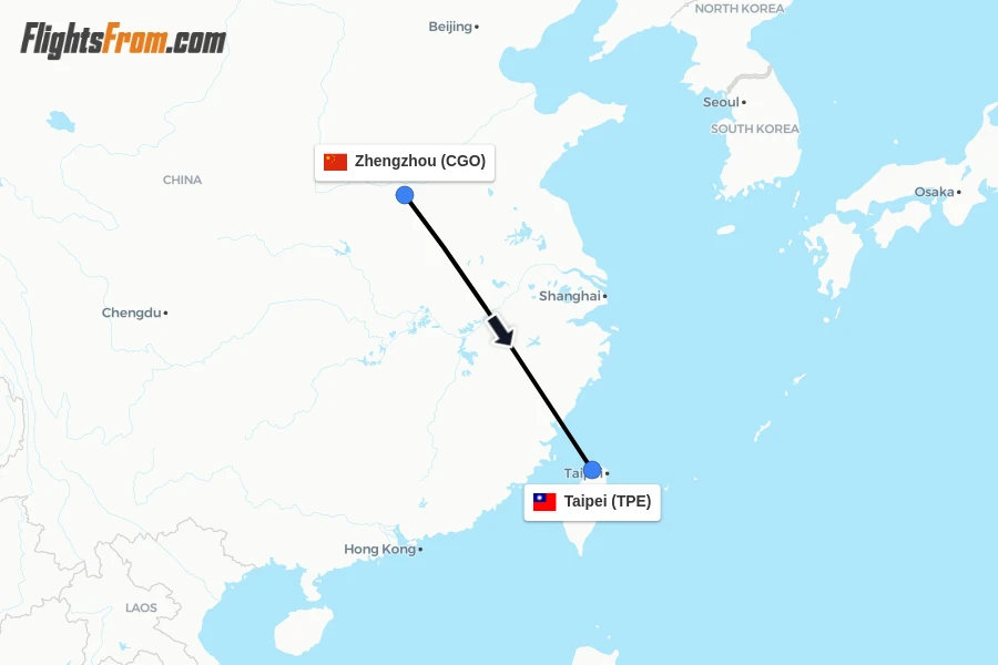 Flights from Zhengzhou to Taipei route map