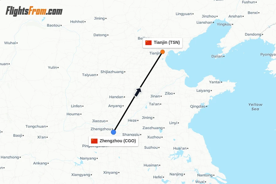 Flights from Zhengzhou to Tianjin route map