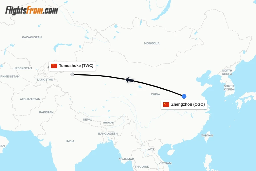 Flights from Zhengzhou to Tumushuke route map